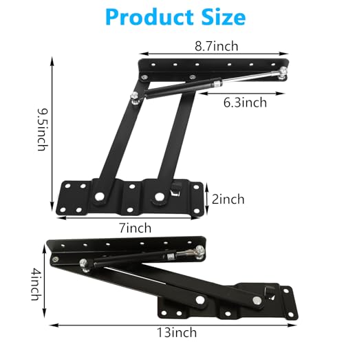 4PCS Coffee Table Lift Top Hardware, Heavy Duty Lift Up Hinges with Hydraulic Gas Spring, DIY Furniture Lifting Mechanism for Living Room Storage, Black 2.0mm Thick Iron (2 Pairs)