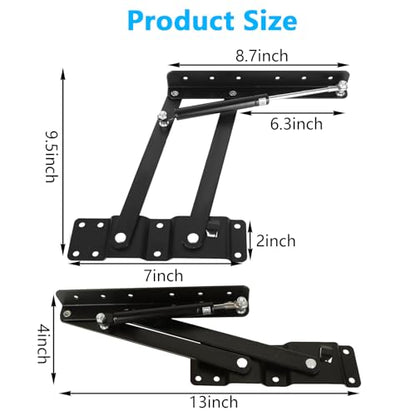 4PCS Coffee Table Lift Top Hardware, Heavy Duty Lift Up Hinges with Hydraulic Gas Spring, DIY Furniture Lifting Mechanism for Living Room Storage, Black 2.0mm Thick Iron (2 Pairs)
