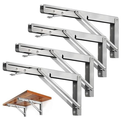 Storystore Folding Shelf Brackets - 16 Inch Heavy Duty Stainless Steel Collapsible Shelf Bracket for Bench Table, Space Saving DIY Bracket (4PCS) - size: 16 Inch 4PCS
