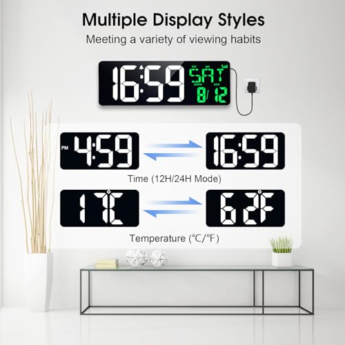 17" Large Digital Wall Clock, Bluetooth Sync, Auto Dimmer, Remote - color: White+green