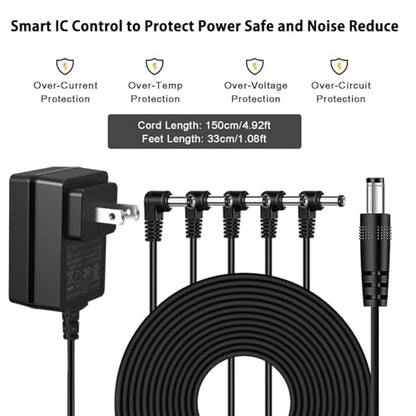 JOYO DC 9V 1.2A Guitar Pedal Power Supply with 5 Way Daisy Chain Cables, AC Wall Charger Power Adapter for Bass Guitar Effect Pedals (Tip Negative) - size: 9V1200mA