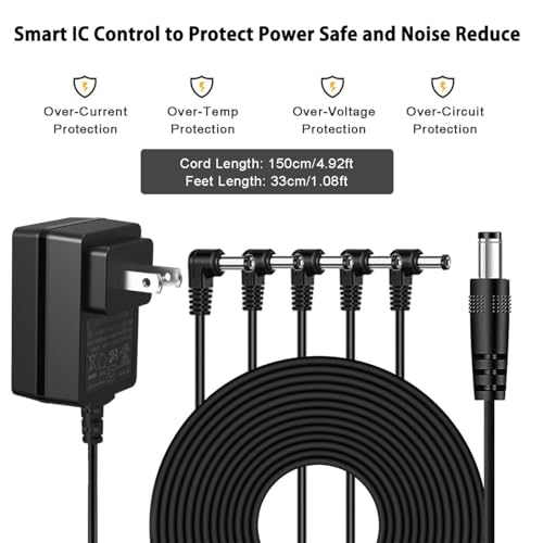 JOYO DC 9V 1.2A Guitar Pedal Power Supply with 5 Way Daisy Chain Cables, AC Wall Charger Power Adapter for Bass Guitar Effect Pedals (Tip Negative) - size: 9V1200mA