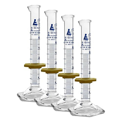Graduated Cylinder, 5mL - ASTM, Class A Tolerance ±0.05mL - Protective Collar, Hexagonal Base - Blue Graduations - Borosilicate 3.3 Glass - Eisco Labs (Pack of 4) - size: 5mL (Pack of 4)
