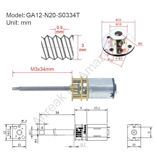 2Pcs DC 12V 300RPM M3 x 34mm 3-12V 20-3000RPM N20 Motor with Gear Reduction for Precision, Threaded Rod Motor for 3D Printers (12-300) - color: M3 x 34mm Thread Shaft, size: 12V 300 RPM Motor Only