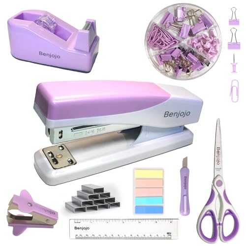 Purple Desk Accessories Set for Women, Stapler and Tape Dispenser Set with Scissor, Staple Remover, Clips & Tabs, Cute Office Supplies Kit for Desk Organization, School, Home & Office, Gift Idea - color: Purple