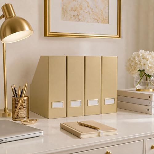 BLU MONACO | Gold Cardboard Magazine File Holder Set of 4 | Vertical Magazine File Holder for Shelves | Standing File Holder Desk Organizer - color: Gold
