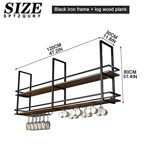 Ceiling Wine Glass Rack with Glass Holder, 47.2in 2-Tier Hanging Bar Shelf - color: Black, size: 47.2×11.8×31.4in