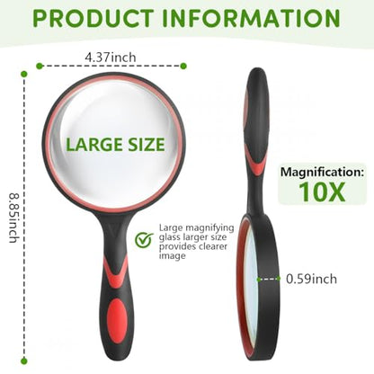 SenseYo 10X Handheld Magnifying Glass 9 Inch Large Reading Magnifier with Scratch Resistant Glass Lens for Kids Seniors Hobby Nature Exploration Scientific Activities (Red) - color: Red 1pcs
