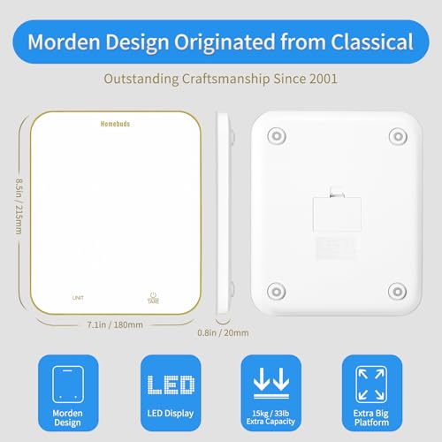 Homebuds 33lb Digital Food Scale Grams and Ounces in 1g, High Precision Assured by Kitchen Scale Professional Factory Since 2001, Gram Scale for Cooking and Baking, LED, 3*AAA, White by Golden Line - color: White