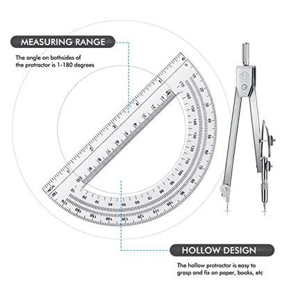 Zonon 3 Pcs 6" Clear Plastic Ruler 6 Inch Protractor Compass Set, Clear - color: Clear, size: 6 Inch
