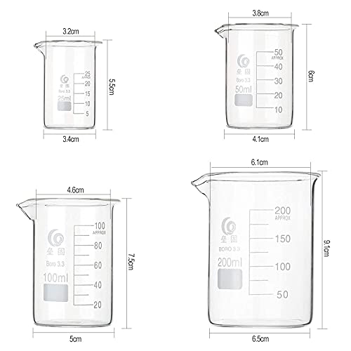 Glass Beaker Set 4 Pack – 25-200ml, Low Form, with Pipettes