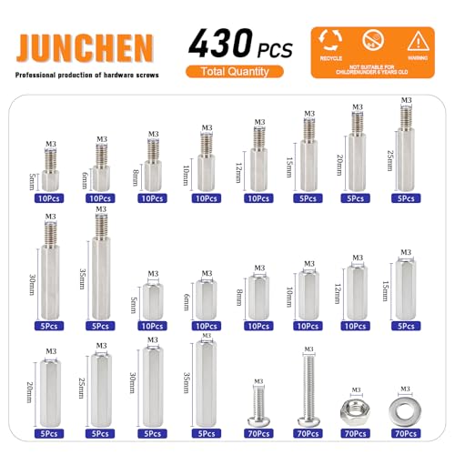 M3 Hex Spacers Standoffs Bolts Nuts Washers Assortment Kit,430pcs Male Female 304 Stainless Steel Metric Thread Motherboard Mount Standoff Bolt Nut Washer Prototyping Accessories for Circuit Board - size: M3