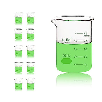 Utile 50ml Beaker Shot Glasses, Low Form Glass Beaker Set, 10pcs of 1.7oz(50ml) Borosilicate 3.3 Glass Chemical Beakers with Double Scale Printed Graduation, 4000.0050.10 - style: 50 ml (10pcs)