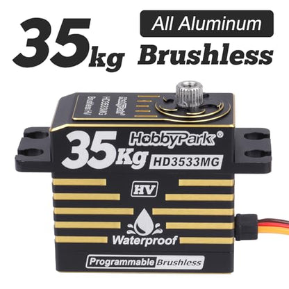 HobbyPark Waterproof RC Servo High Torque Brushless Motor Metal Gear Digital Servo Aluminum Case for 1/8 1/10 RC Crawler SCX10 TRX4 RC Truck Car Buggy RC Basher Bashing 180° HV (35kg Torque)