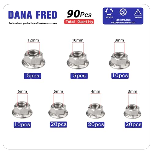 M3-M12 304 Stainless Steel Flange Nut Kit，90pcs 7 Sizes Hex Lock Self-Locking Metric Thread Nuts Assortment Kit 304 Automatic Locking Nut Metric Hex Serrated Spin Lock Nuts M3 M4 M5 M6 M8 M10 M12