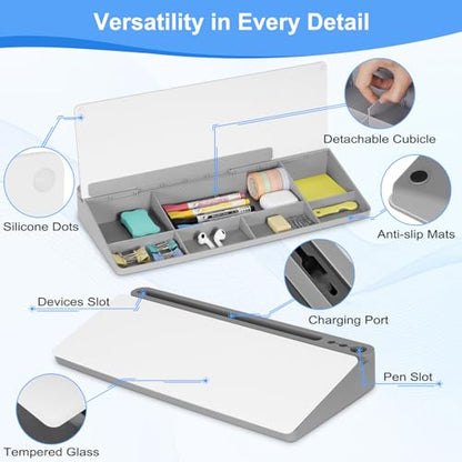 Desktop Glass Whiteboard with Storage, Desk Dry Erase White Board Gray - color: Organizer-grey