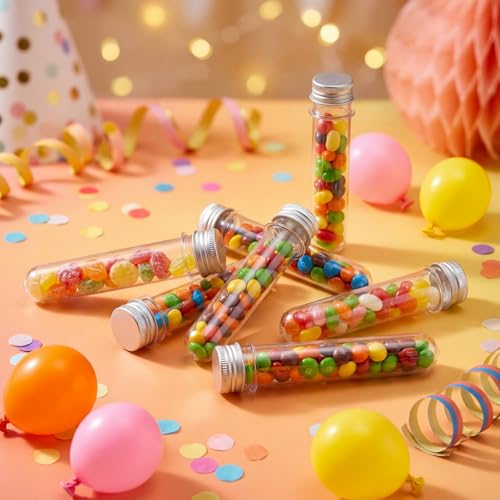 Xinnun 45 ml 200 Pcs Plastic Test Candy Tube Bulk Transparent Clear Bath Salt Tube Lid Plastic Vial Decor DIY Liquor Beading Seed Shampoo Hot Chocolate Spice Flower Storage Scientific Project Party