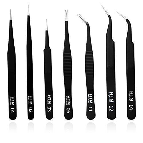 HengTianMei 7Pcs Precision Micro Tweezers Set, Anti-Static Stainless Steel, 3 Sharp Pointed Tweezers, 2 Curved Tweezer, 2 Serrated Tweezer for Eyelash Extensions, Craft, Jewelry, Soldering,Electronics - size: 7PCS