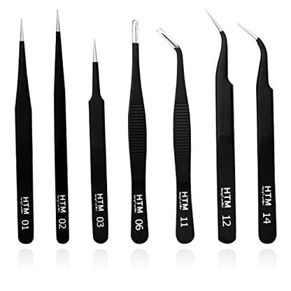 HengTianMei 7Pcs Precision Micro Tweezers Set, Anti-Static Stainless Steel, 3 Sharp Pointed Tweezers, 2 Curved Tweezer, 2 Serrated Tweezer for Eyelash Extensions, Craft, Jewelry, Soldering,Electronics - size: 7PCS