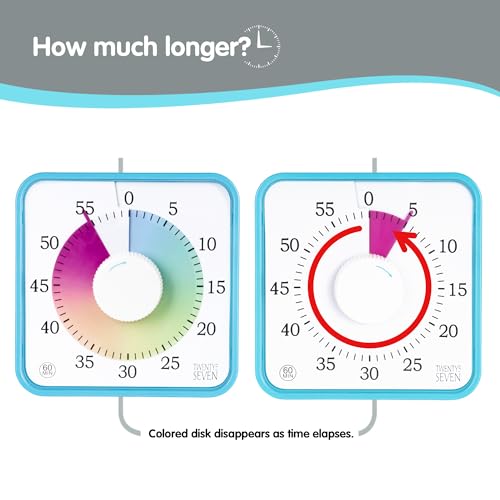 TWENTY5 SEVEN 7.5-Inch Visual Timer, Battery-Free 60-Minute Countdown Clock - color: Sky Blue/Colorful With White Knob