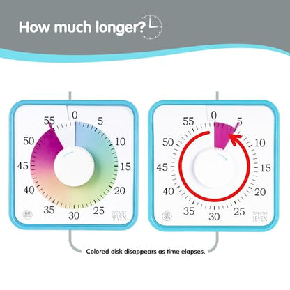 TWENTY5 SEVEN 7.5-Inch Visual Timer, Battery-Free 60-Minute Countdown Clock - color: Sky Blue/Colorful With White Knob