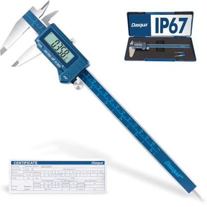 Dasqua 8"/200mm IP67 Digital Caliper, Stainless Steel, ±0.03mm/0.0015" Precision, Coolant-Proof, Inch/mm Conversion, Large LCD Display, Protective Case - color: Blue Case Cover, size: 8"/200mm