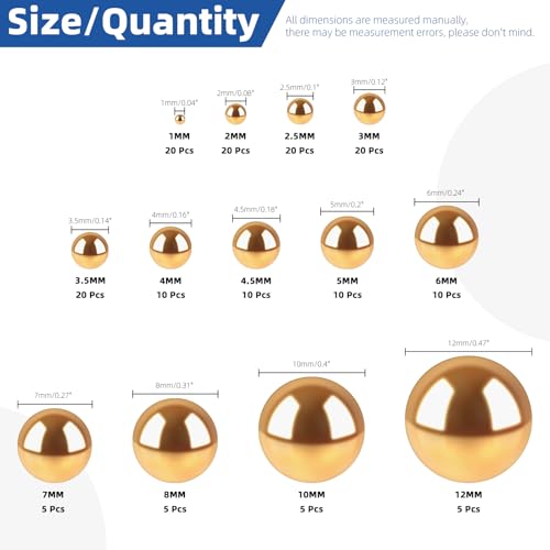 Glarks 160pcs 1-12mm 13 Sizes Precision Solid Brass Bearing Balls Assortment, Yellow Brass Hardness Round Ball, Industrial Ball Bearing for Machinery, Automotive, Valves, Ball Mill - size: 1-12mm