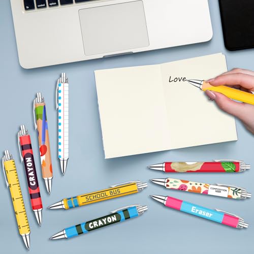 Teacher Appreciation Week Ballpoint Pens Set of 10 – Colorful Crayon-Inspired Teacher Theme Pens with Classroom Supply Designs – Smooth Black Ink Pens for Classroom, Office, and Thank You Gifts - color: Chalk Teacher