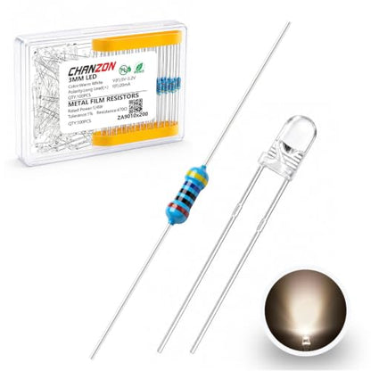 CHANZON 100pcs 3mm Warm White LED Diodes + 100pcs 470Ω Resistors Kit - color: K) Warm White, size: 3mm