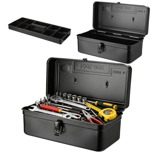 Portable Small Metal Tool Box & Parts Organizer – 14.2" x 6.8" x 6.5" Lockable Storage Case with Removable Plastic Dividers, for Craft Supplies, Garage Hardware, Screws, Home Projects – Black - color: Black