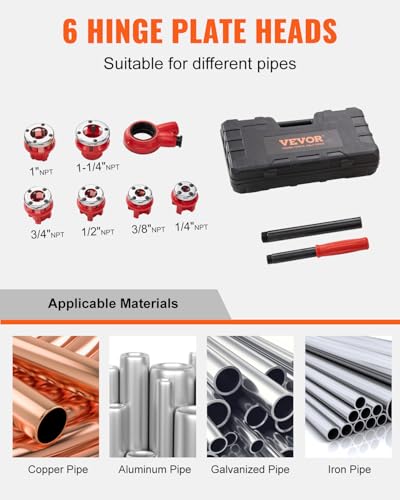 VEVOR Ratchet Pipe Threader Kit with 6 Dies, 1/4" NPT to 1-1/4" NPT Ratcheting Pipe Threading Tool, Portable Pipe Threader Set with Storage Case for Plumbing Installation and Repair - size: 1/4" - 1-1/4"