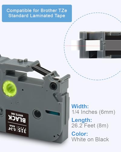 4-Pack Compatible for Brother Tze-315 1/4 Inch White on Black P Touch Tape - color: White on Black