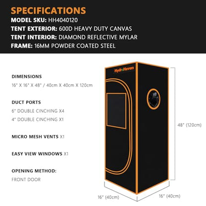 16"x16"x48" Grow Tent Kit - Heavy-Duty 600D Diamond Mylar Lining, 98% Reflective, Viewing Window & Waterproof Floor Tray for Hydroponics Indoor Growing - size: 16"x16"x48"