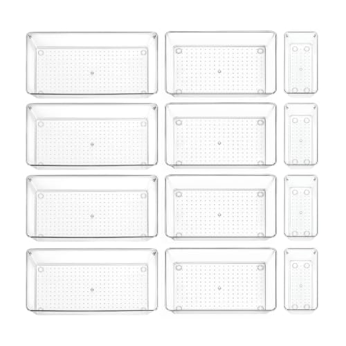 12 Pack Large Clear Drawer Organizer Trays, 3 Sizes, Non-Slip - size: 12 Pack