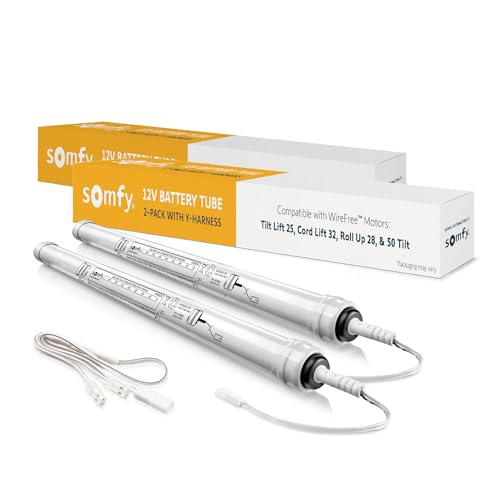 somfy 12V DC Reloadable Battery Tube 2 Pack and Y Harness - 2 Replacement Battery Tubes - 12V Dual Battery Wands for RTS Motors - Power Blinds & Shades – Easy to Install – #9018685, 9018625 - size: Pack of 2