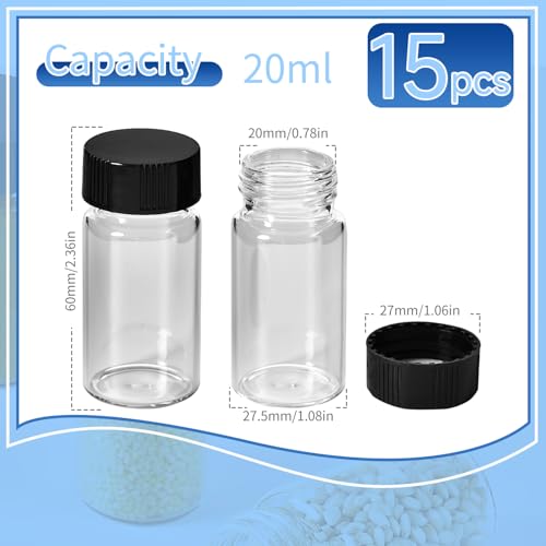 15 PCS 5 Dram Glass Vials, Small Liquid Sample Vial,27.5x57 mm 20ml Borosilicate Glass Empty Vials with Caps, Leak-Proof Vial,24-400 Black Screw Caps with PE Liner - size: 20ML(27,5x57mm)