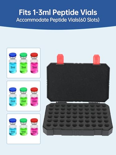 3ml Peptide Case for Fridge and Travel - 60 Slots + 10Pcs 3ml Glass Vial Caps (10 Colors), Insulin & Peptide Vials Storage Case for 3ml Vials, Portable Vial Storage Case (Black) - color: 60-shots×3ml + 10 Vial Caps (Black)