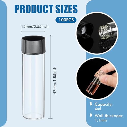 100 Pcs Glass Test Tubes Vial with Black Screw Cap Clear Stoppers Flat Bottom Alcohol Glass Tubes Container Vial for Lab Plants Scientific Experiments Candy Storage Party Favor (4ml) - size: 4ml