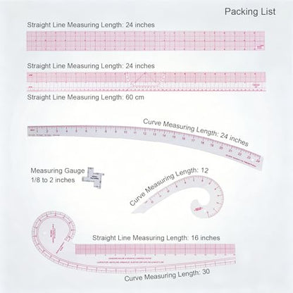 Sewing Rulers,Clear Metric French Curve Sewing Rulers Set for Pattern Making Drafting,Quilting,Clear Plastic Fashion Designer Ruler Kit in Inches， 6PCS - color: 6-piece Set