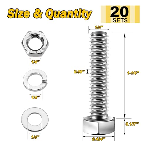 Mywish (20 Sets) 1/4-20x1-1/4 Hex Head Assorted Screws Nuts and Bolts with Flat & Lock Washers, 304 Stainless Steel 18-8, Fully Threaded, 1/4 Bolt Metric Bolt Assortment - size: 1/4-20 x 1-1/4 (20 set)