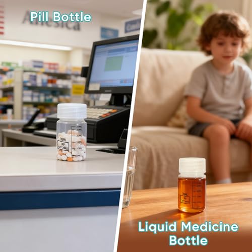 DEMORA Plastic Bottles with Airtight Caps 1oz/30ml, Food Grade Wide Mouth Liquid Containers, Reusable PP Graduated Measuring Bottles for Water Sample Lab Reagent Liquids Mixing (Clear, 4 Pcs)