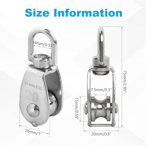 12 Pack M20 Single Pulley Block, 304 Stainless Steel Wire Rope Cable Pulley, Heavy Duty Swivel Pulley Wheel Hanging Wire Towing Wheel for Lifting - style: M20