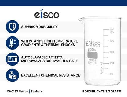 EISCO Beaker, 3000ml - Tall Form with Spout - White, 250ml Graduations - Borosilicate 3.3 Glass