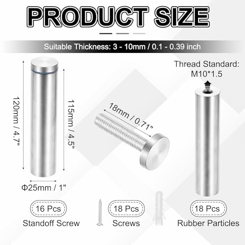 PATIKIL 1x4.7" Standoff Screws, 16 Pack Stainless Steel Stand Off Wall Mounts Wall Sign Mounting Hardware Advertising Standoff Nail for Hanging Acrylic Signs Picture Frame, Silver - size: 1x4.7"