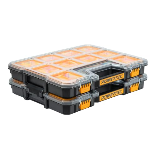 POWERTEC Small Parts Organizer & Tool Box – 20 Compartments, IP65 Water & Dust Protection, Stackable Storage with Interlocking Latch, Removable Bin, Divider, Clear Lid, Portable Design, 2PK (72366-P2) - color: Stackable Tool Box Shallow, size: 2 Packs - 2