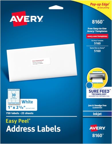 Avery Easy Peel Address Labels, Inkjet Printers, White, Box of 750 Labels (08160), 1" x 2-5/8" (Pack of 5) - size: 1" x 2 5/8" (Pack of 5), style: 750 labels