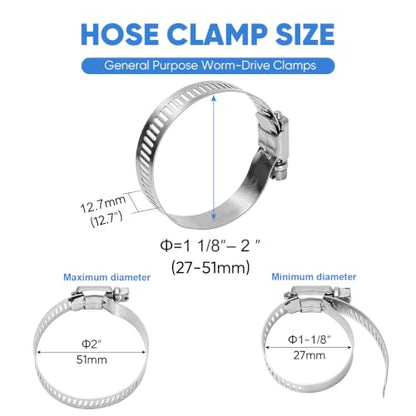 TICONN 12PCS Hose Clamps Set 304 Stainless Steel, 1-1/8"-2" Worm Gear - size: SAE #20 12PCS 1-1/8''~2"