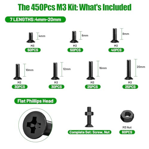 450Pcs Black M3 Phillips Flat Head Machine Screws and Nuts Kit - size: 450Pcs M3*4/6/8/10/12/16/20mm-Flat