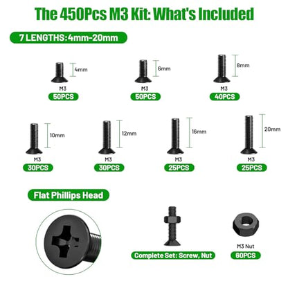 450Pcs Black M3 Phillips Flat Head Machine Screws and Nuts Kit - size: 450Pcs M3*4/6/8/10/12/16/20mm-Flat