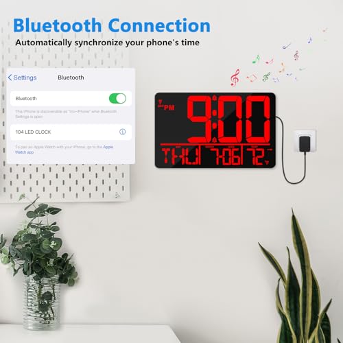 13" Bluetooth Auto Sync Wall Clock - Large Digital Alarm Clock with Remote - style: Red Numbers
